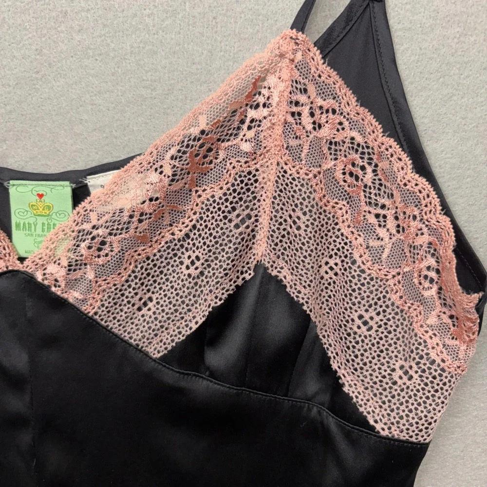 Mary Green Silk Teddy Romper Women M Black Pink Lace Trim Y2K Lingerie Sleepwear